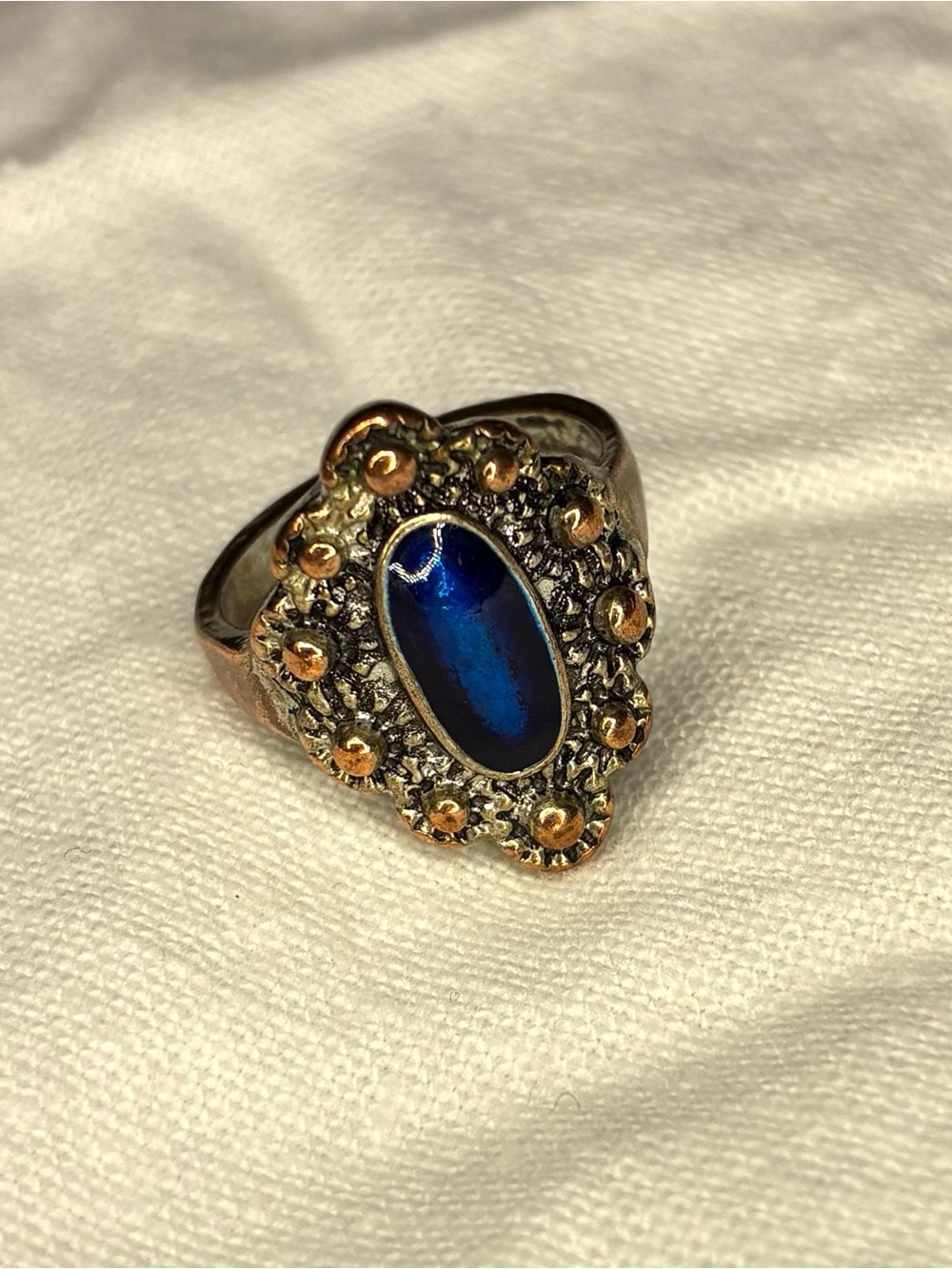 Vintage 1960s Art Nouveau Revival Blue Glass Cabochon Cocktail Ring